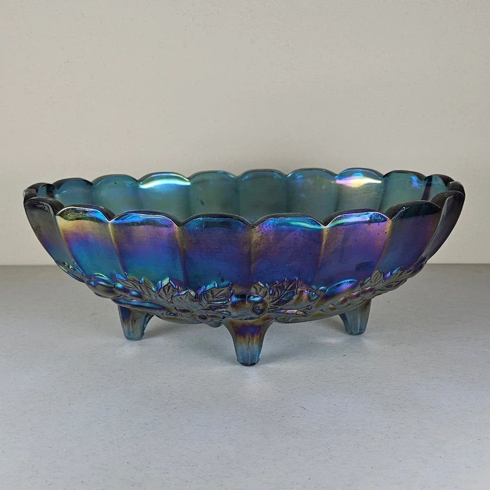 Indiana Glass Carnival Blue Iridescent  Footed Oval Bowl—Harvest Grape. Vintage!